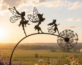 Metall Fee Löwenzahn Gartenskulptur, wunderliche Gartenstecker, Cottagecore Outdoor Art