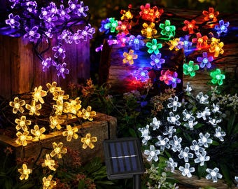 Solar-Kirschblüten-Lichterkette, Outdoor-Blumen-Lichterkette, Gartenpatio-Dekor, lila weiße mehrfarbige LED-Girlande