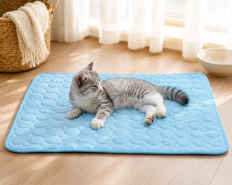Cooling Pet Mat, Ice Silk Summer Bed Pad for Cats, Breathable Crate (Blue/Gray)