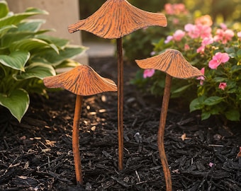 Vintage Mushroom Garden Stakes, Set of 2 Rustic Outdoor Lawn Decor, Cottage Garden Yard Art