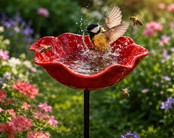 Metal Flower Bird Bath Stake, Bee Watering Station & Butterfly Garden Decor, Outdoor Bird Feeder Bowl