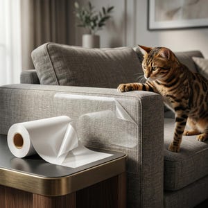 May include: A roll of clear, adhesive furniture protector film sits on a side table next to a grey sofa. A sheet of the film is applied to the sofa arm. A brown and black Bengal cat is perched on the sofa.