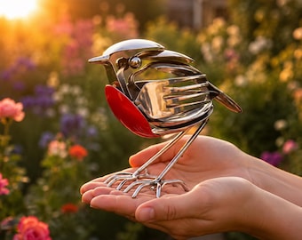 Metallvogel Gartenskulptur, Rotkehlchen-Terrassendekor, silberne Vogelfigur, Außenhofkunst, Vogelliebhabergeschenk, 1 2 3-tlg