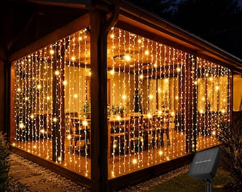 Solar Curtain Lights, Outdoor Waterproof LED Fairy Lights for Patio, Pergola, Gazebo, 8 Modes, 3 Colors