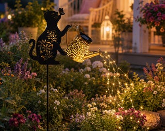 Solar Garden Stake Lantern, Cat, Dog or Fairy Watering Can Light, Metal Outdoor Yard Decor, Garden Lover Gift