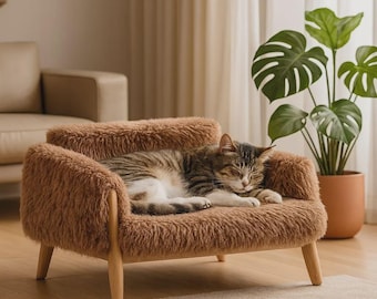 Plüsch Erhöhtes Katzensofa: Modernes skandinavisches Holzbein-Haustierbett