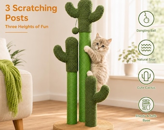 Kaktus-Katzenkratzbaum, 3 natürliche Sisal-Beiträge, baumelndes Ballspielzeug, grüne Möbel