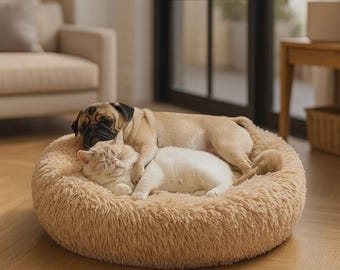 Plüsch Donut Haustierbett: Kuscheliges Kunstfell, beruhigendes Hunde- & Katzenbett