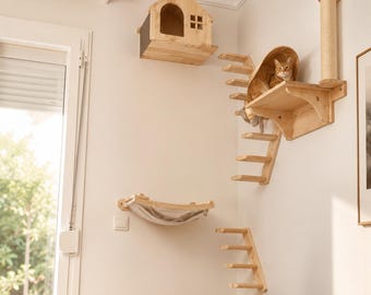 Modernes Katzen Wandregal aus Holz, Sisal Kratzbaum & Indoor Spielplatz