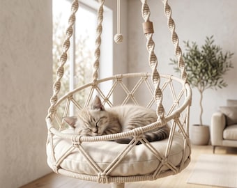 Boho Makramee Katzenhängematte, Handgewebtes Baumwollseil Kätzchen Schaukel, an der Wand befestigte Katzenmöbel