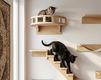 Modern kattväggmöbelset, katthyllor och hängmatta i trä, klättervägg för katter, flytande kattbädd, inomhuslekplats för katter