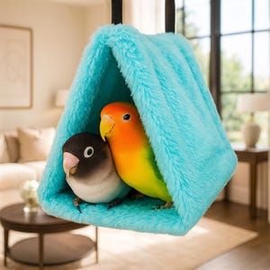 May include: A soft, turquoise bird house with two birds inside. One bird is black and white, and the other is orange and yellow. The bird house is hanging from a black strap.