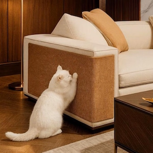 Op de afbeelding: Een witte kat krabt aan een bruin geweven stoffen paneel aan de zijkant van een crèmekleurige bank. De bank heeft crèmekleurige kussens en een bruin kussen. De kat staat op een houten vloer.