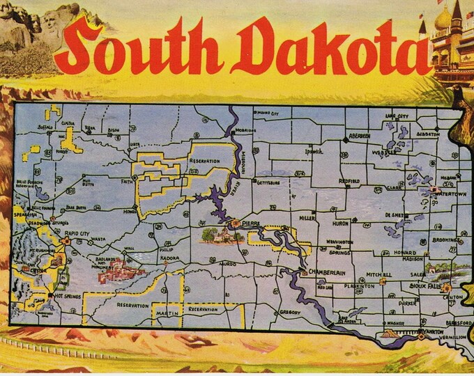 South Dakota Map Postcard - Vintage - Etsy