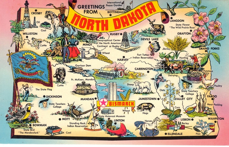 North Dakota State Map Vintage Postcard Greetings From image 1