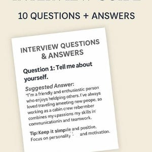 May include: A cabin crew interview guide with the text "CABIN CREW INTERVIEW GUIDE" and "10 QUESTIONS + ANSWERS". A white card shows interview questions and answers, including a sample answer. The document is in PDF format.
