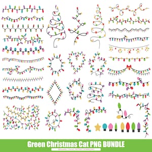 Puede incluir: Una colección de ilustraciones de luces navideñas coloridas en varias formas y arreglos. Los diseños incluyen guirnaldas de luces, formas de árboles y marcos decorativos. Las luces son en tonos de rojo, verde, amarillo, azul y morado. El texto en la parte inferior dice "Green Christmas Cat PNG BUNDLE".
