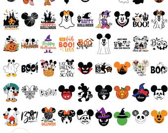以下が含まれることがあります： ミッキーマウスとミニーマウスのデザインが施されたハロウィーンをテーマにしたSVGファイルのコレクション。幽霊、カボチャ、コウモリ、お化け屋敷のシルエットが含まれています。「Happy Halloween」と「Boo」の文字が含まれています。