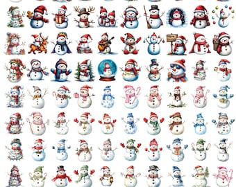 クリスマス雪だるま2025バンドルPNG、冬の雪だるまPNG、ホリデー水彩雪だるまpng、雪だるまファミリークリップアート、クリスマスデジタルダウンロード