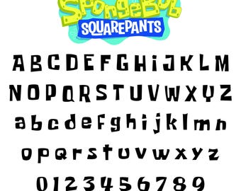 May include: A white background features the "SpongeBob SquarePants" logo in yellow and blue, above a black alphabet and numbers. The alphabet includes uppercase, lowercase, and numbers 0-9.
