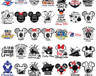 May include: A collection of Disney cruise-themed SVG designs. The designs include Mickey Mouse ears, cruise ships, and text such as "Cruise Squad 2026" and "Let's Cruise". The color palette is primarily black, white, red, and blue.