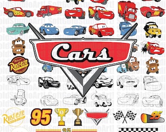 May include: A collection of various cartoon car illustrations in red, blue, yellow, and black. The image includes the word "Cars" in a red and white logo, along with the number "95" and the text "Cars SVG BUNDLE".