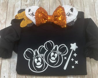 Youth Glow in the Dark Mickey & Minnie Pumpkin Sweatshirt Magical Wand Stars