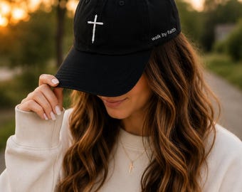 Black Embroidered Cross baseball cap, walk by faith side stitch, minimalist Christian dad hat, adjustable, breathable cotton design