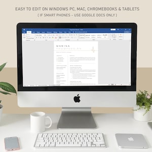 May include: A desktop computer displays a resume template with the name "MARINA THOMPSON RN". The screen shows a Word document open. The text above the computer reads "EASY TO EDIT ON WINDOWS PC, MAC, CHROMEBOOKS & TABLETS (IF SMART PHONES - USE GOOGLE DOCS ONLY)".