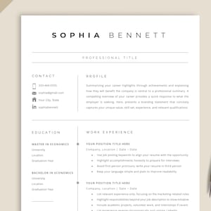 May include: A professional resume template with the name "SOPHIA BENNETT" at the top. The resume includes sections for contact information, a profile, education, and work experience. A gold pen rests on the right side of the resume.