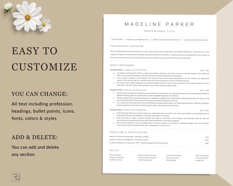 May include: A customizable resume template with the name "Madeline Parker" at the top. The template includes sections for professional overview, work experience, education, and skills. The text "Easy to Customize" and "You Can Change" are also visible.