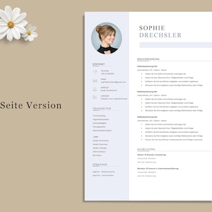 K&ouml;nnte beinhalten: Eine professionelle Lebenslaufvorlage mit sauberem Layout. Das Dokument enth&auml;lt Abschnitte f&uuml;r Kontaktdaten, F&auml;higkeiten und Berufserfahrung. Der Name "SOPHIE DRECHSLER" steht oben. Der Text "1 Seite Version" ist ebenfalls sichtbar.