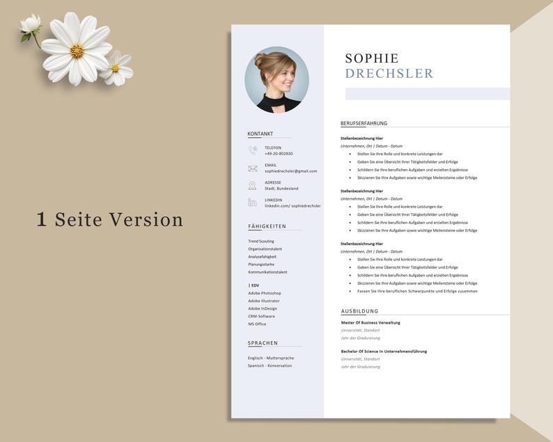 K&ouml;nnte beinhalten: Eine professionelle Lebenslaufvorlage mit sauberem Layout. Das Dokument enth&auml;lt Abschnitte f&uuml;r Kontaktdaten, F&auml;higkeiten und Berufserfahrung. Der Name "SOPHIE DRECHSLER" steht oben. Der Text "1 Seite Version" ist ebenfalls sichtbar.