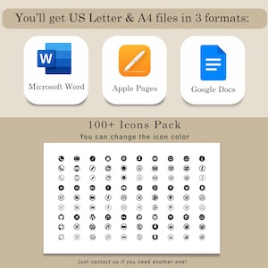 May include: An image with the text "You'll get US Letter & A4 files in 3 formats:" and icons for Microsoft Word, Apple Pages, and Google Docs. Below, it says "100+ Icons Pack" with a grid of black and white icons. The text "Just contact us if you need another one!" is at the bottom.