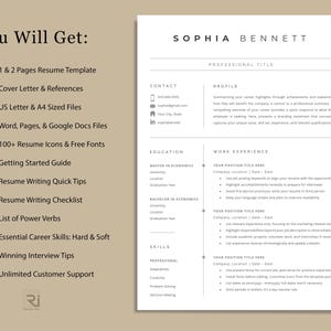 Op de afbeelding: Een cv-sjabloon met de naam Sophia Bennett bovenaan. Het cv bevat secties voor contactgegevens, profiel, opleiding, werkervaring en vaardigheden. Links staat wat je krijgt, waaronder cv-sjablonen en tips.