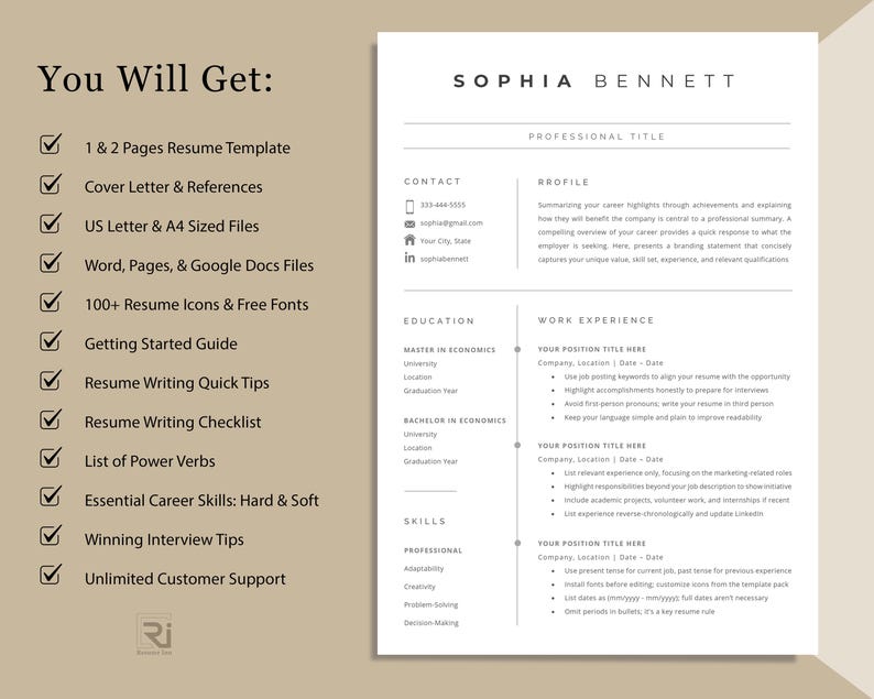 Op de afbeelding: Een cv-sjabloon met de naam Sophia Bennett bovenaan. Het cv bevat secties voor contactgegevens, profiel, opleiding, werkervaring en vaardigheden. Links staat wat je krijgt, waaronder cv-sjablonen en tips.