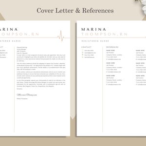 May include: A cover letter and references template for a Registered Nurse. The cover letter includes contact information, a letter, and a signature. The references section lists contact details for potential references. The design is minimalist with a beige and white color scheme.