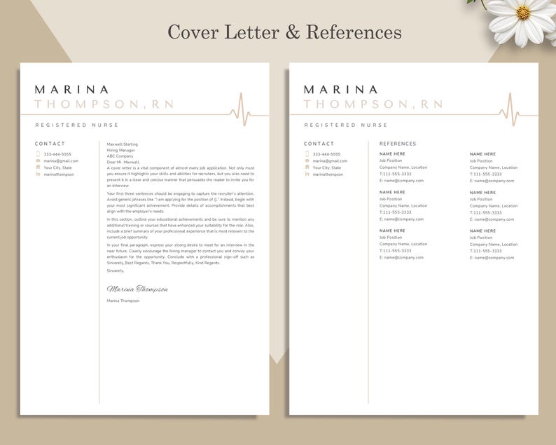 May include: A cover letter and references template for a Registered Nurse. The cover letter includes contact information, a letter, and a signature. The references section lists contact details for potential references. The design is minimalist with a beige and white color scheme.