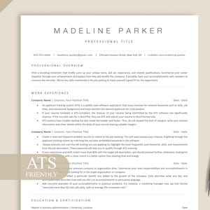 May include: A professional CV template featuring the name Madeline Parker at the top, followed by sections for professional overview, work experience, and education. A gold pen rests on the right side, and a beige banner reads ATS FRIENDLY.