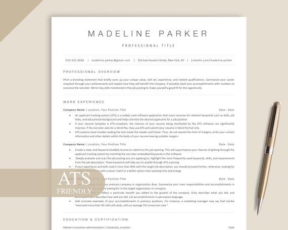 ATS Friendly Resume Template Word, Pages, Google Docs, Ats Resume, ATS CV, Minimalist Resume, Simple Resume, Basic Resume, Clean Resume Ats