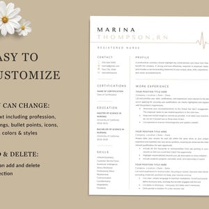 May include: A customizable resume template with a beige background, featuring the name "Marina Thompson, RN" at the top. The template includes sections for contact information, certifications, education, skills, and work experience. Decorative daisies are in the upper left corner.