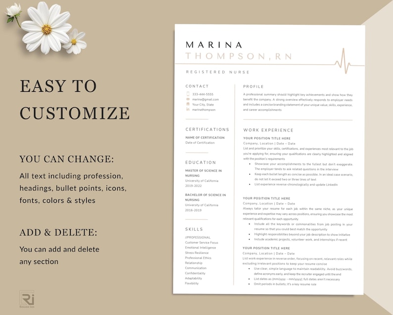 May include: A customizable resume template with a beige background, featuring the name "Marina Thompson, RN" at the top. The template includes sections for contact information, certifications, education, skills, and work experience. Decorative daisies are in the upper left corner.