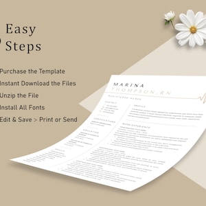 May include: A resume template for a registered nurse, with the name "Marina Thompson, RN" at the top. The image includes instructions: Purchase, Download, Unzip, Install Fonts, and Edit & Save. White daisies are in the upper right corner.