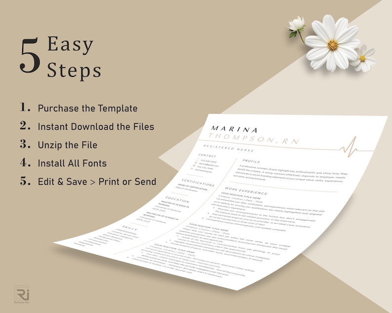 May include: A resume template for a registered nurse, with the name "Marina Thompson, RN" at the top. The image includes instructions: Purchase, Download, Unzip, Install Fonts, and Edit & Save. White daisies are in the upper right corner.