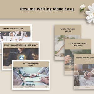 Pu&ograve; includere: Una raccolta di guide per la scrittura di curriculum, intitolata "Resume Writing Made Easy". Le guide trattano argomenti come consigli per i colloqui, competenze professionali e liste di controllo per la scrittura di curriculum. L'immagine presenta una palette di colori neutri con fiori bianchi.