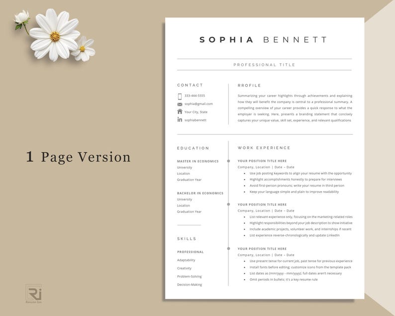 Op de afbeelding: Een minimalistische cv-sjabloon met de naam "SOPHIA BENNETT" bovenaan. Het document bevat secties voor contactgegevens, een profiel, opleiding, werkervaring en vaardigheden. De woorden "1 Page Version" zijn zichtbaar.