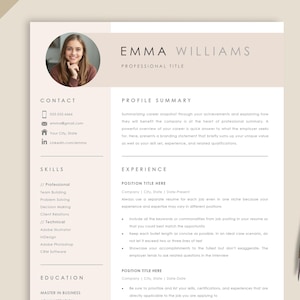 May include: A professional resume template in a light beige colour scheme, featuring a photo, contact details, skills, and experience sections. A gold pen lies on the side. The name "EMMA WILLIAMS" is displayed at the top of the document.