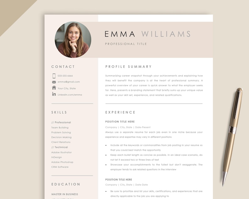 May include: A resume template with a photo of a woman, contact information, skills, and experience sections. The resume is in a light beige color scheme with a gold pen resting on the side. The name "EMMA WILLIAMS" is at the top.