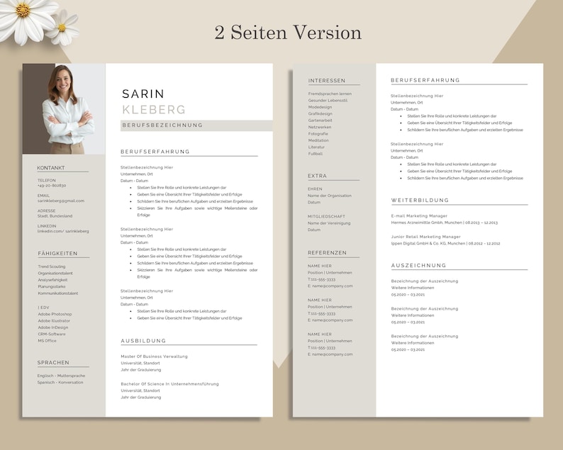 May include: A two-page resume template with a photo of a woman on the left side. The resume has sections for contact information, skills, work experience, education, and interests. The text is in a sans-serif font.
