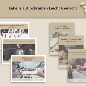 K&ouml;nnte beinhalten: Eine Sammlung von Ratgebern mit dem Titel "Lebenslauf Schreiben Leicht Gemacht" auf Deutsch. Die Ratgeber behandeln Themen wie Vorstellungsgespr&auml;che, Hard Skills und Checklisten zur Erstellung von Lebensl&auml;ufen. Beige Hintergrund mit wei&szlig;en Blumen.